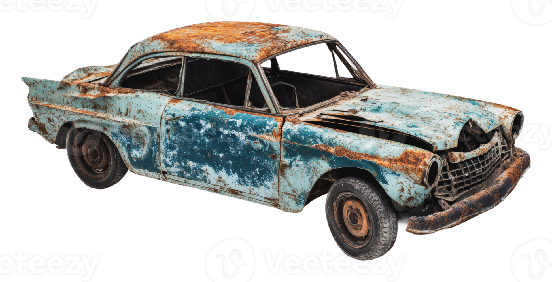Vintage car in distressed condition on display png