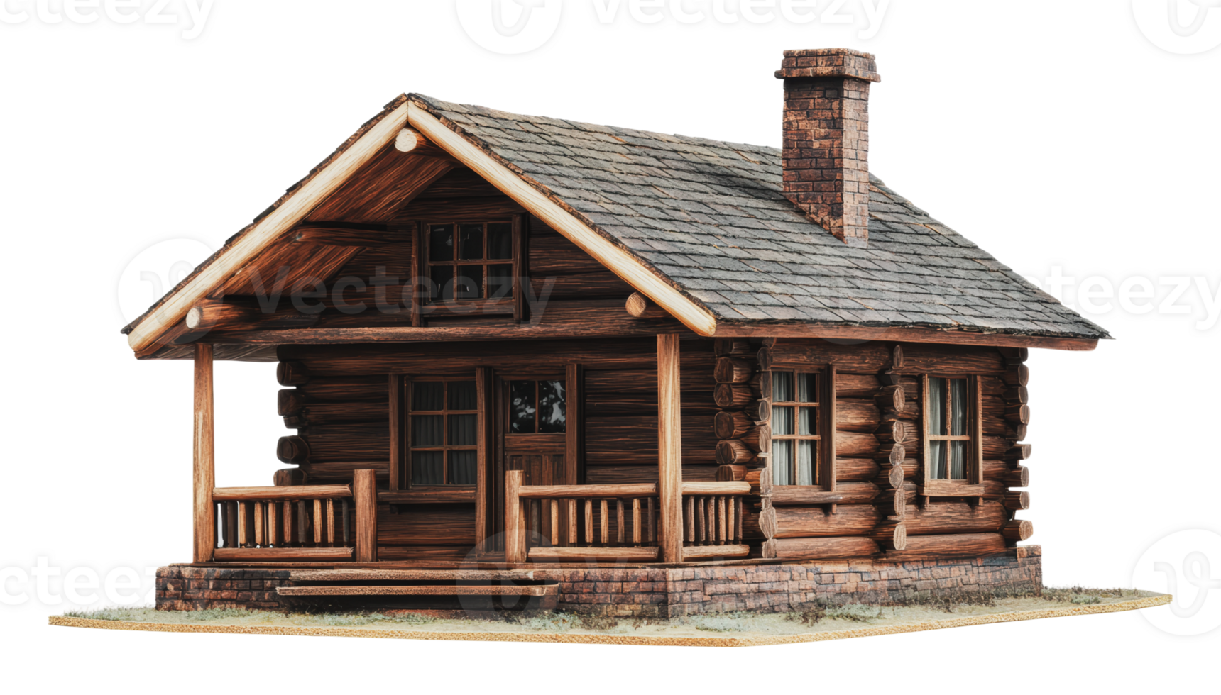 Rustic log cabin with a welcoming porch setup png