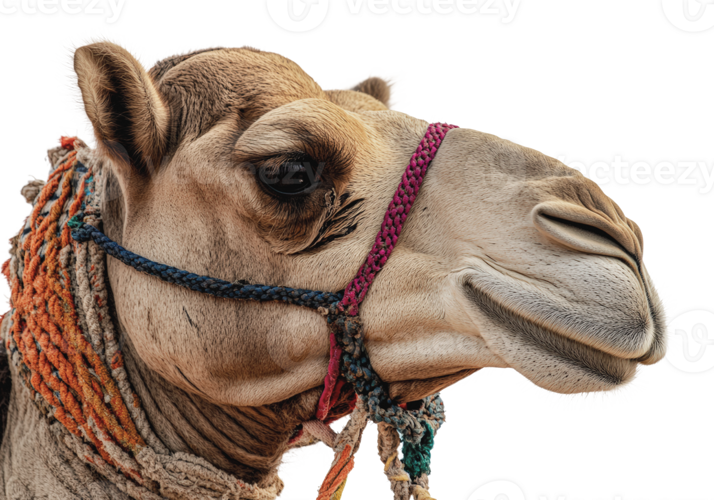 Close-up of a camel with colorful straps and ropes png