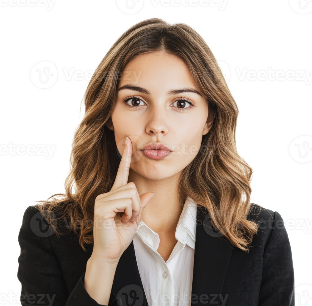 Woman in business attire gestures for silence png