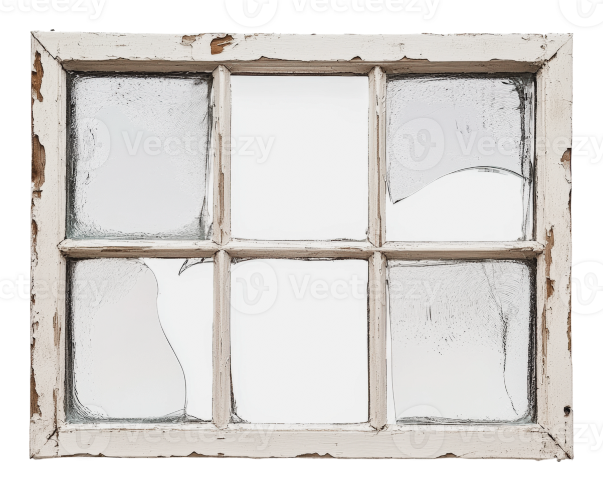 Rustic window frame with broken glass panels png