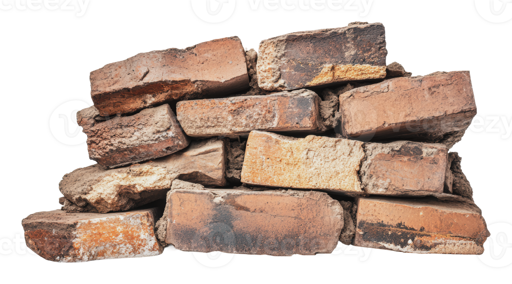 Stack of old bricks arranged in disarray png