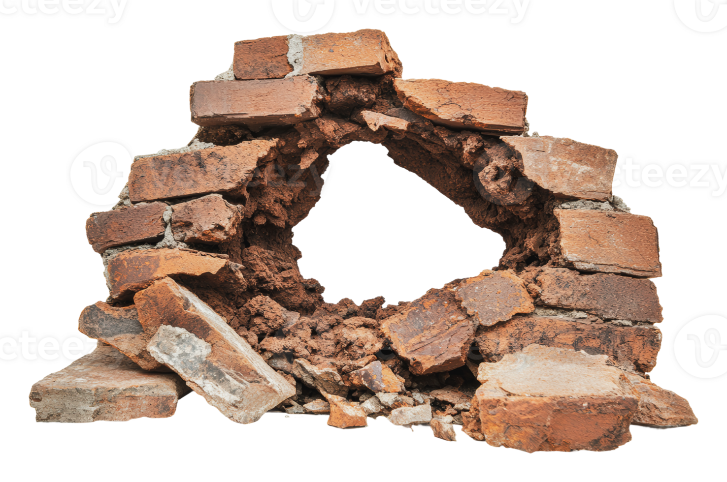 Crumbling brick wall with a hole showing damage png