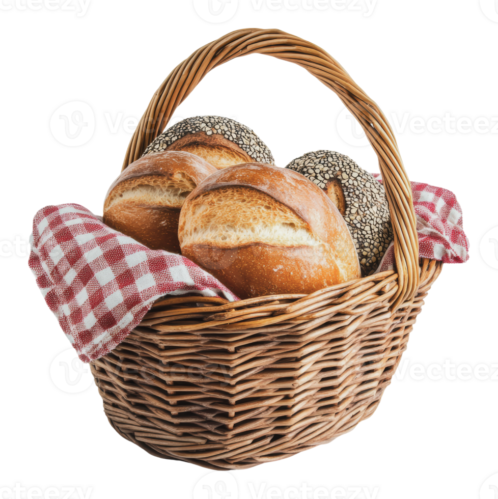 Baked bread in a woven basket png