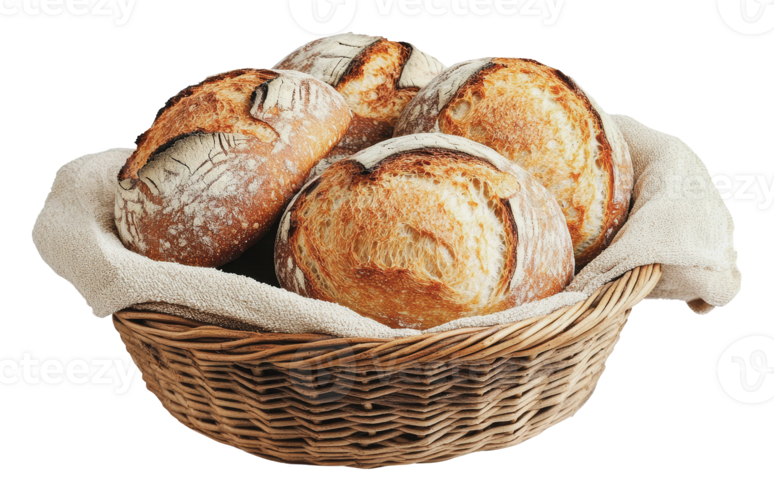 Freshly baked crusty bread rolls in a basket png
