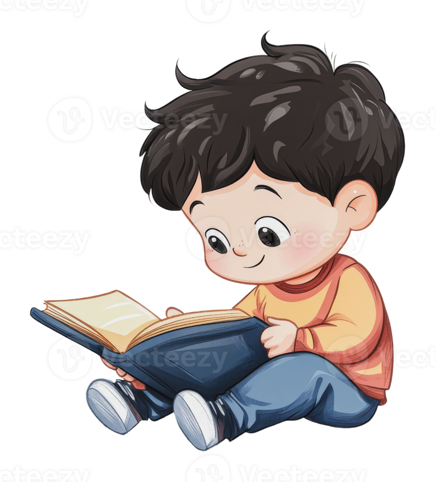 Young boy enjoying a book in a cozy setting png