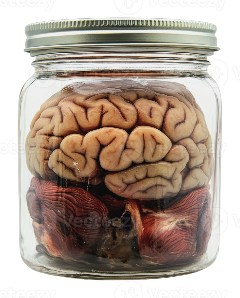 Preserved human brain in glass jar on display png