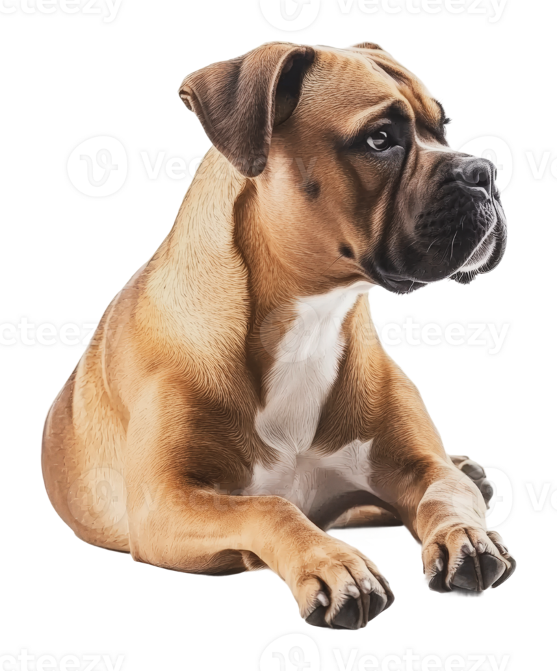Playful boxer dog relaxing in a cozy setting png
