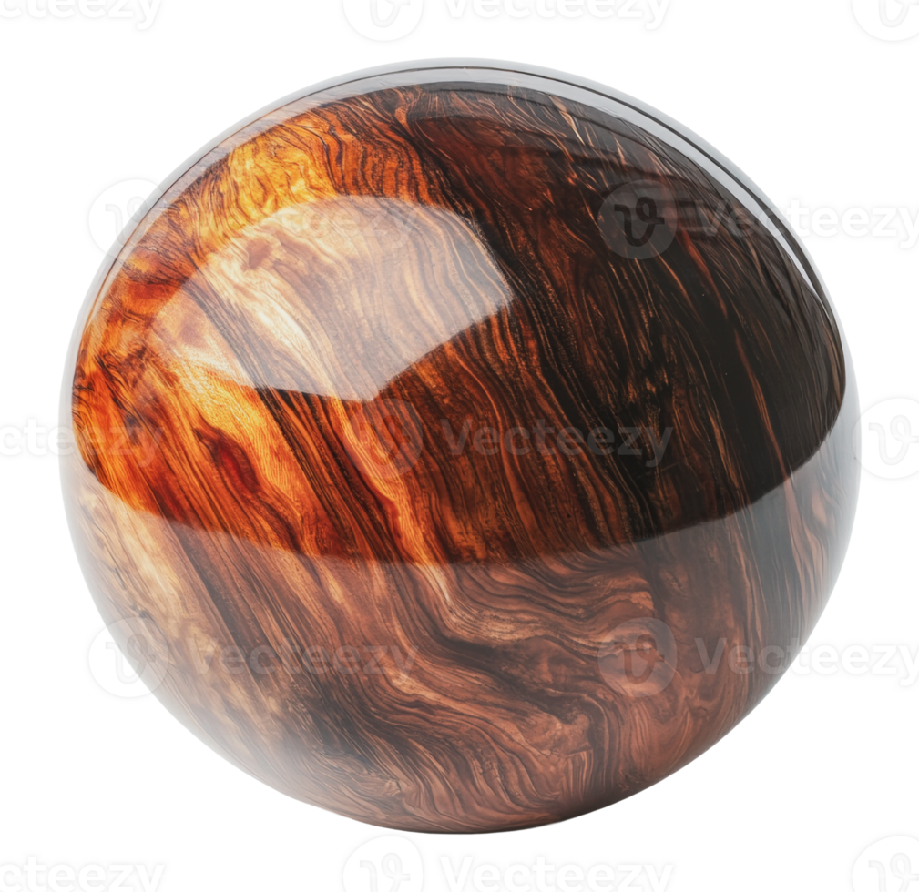 Unique wooden sphere with glossy finish in focus png