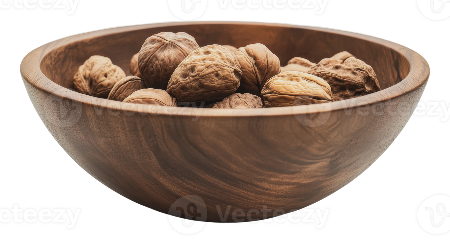 Walnuts in a wooden bowl on a plain bg png