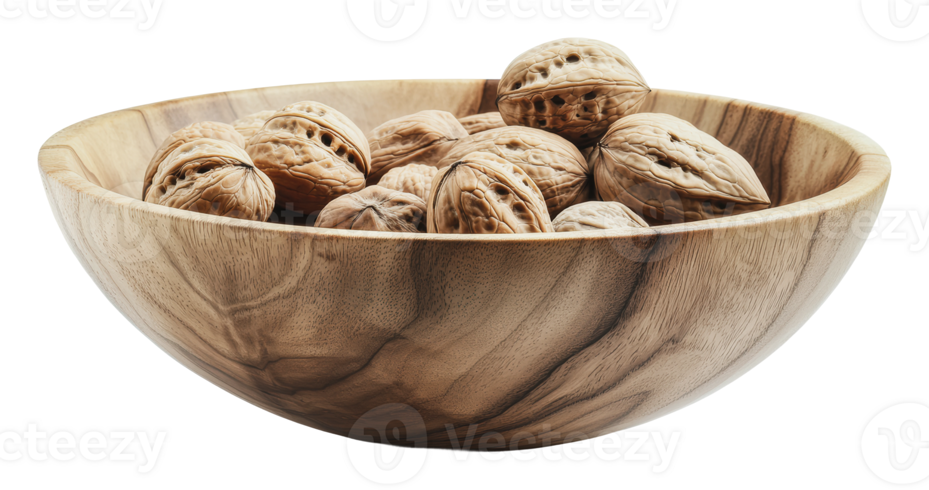 Natural wooden bowl filled with walnuts on display png