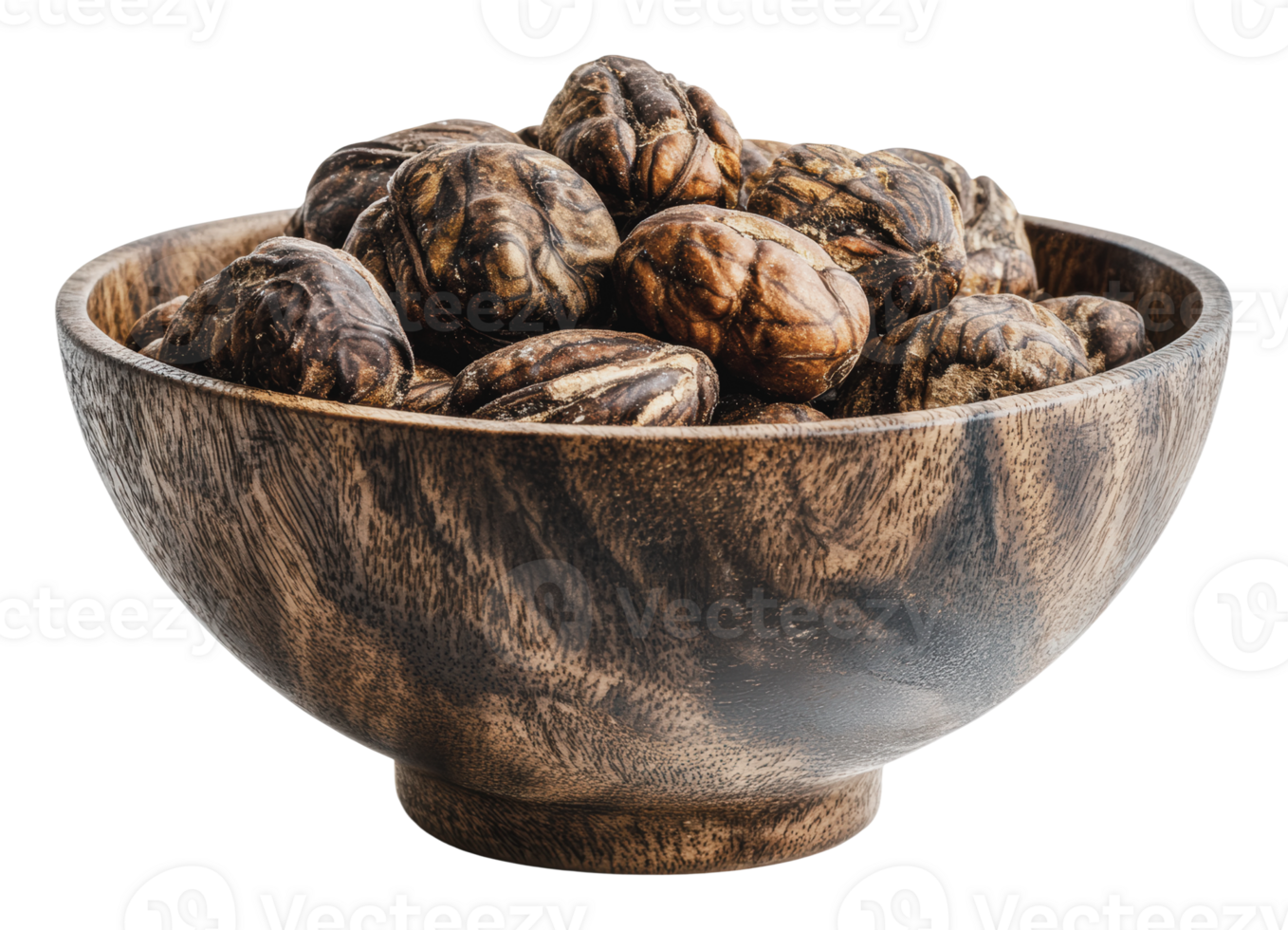 Nuts gathered in a wooden bowl on a table png