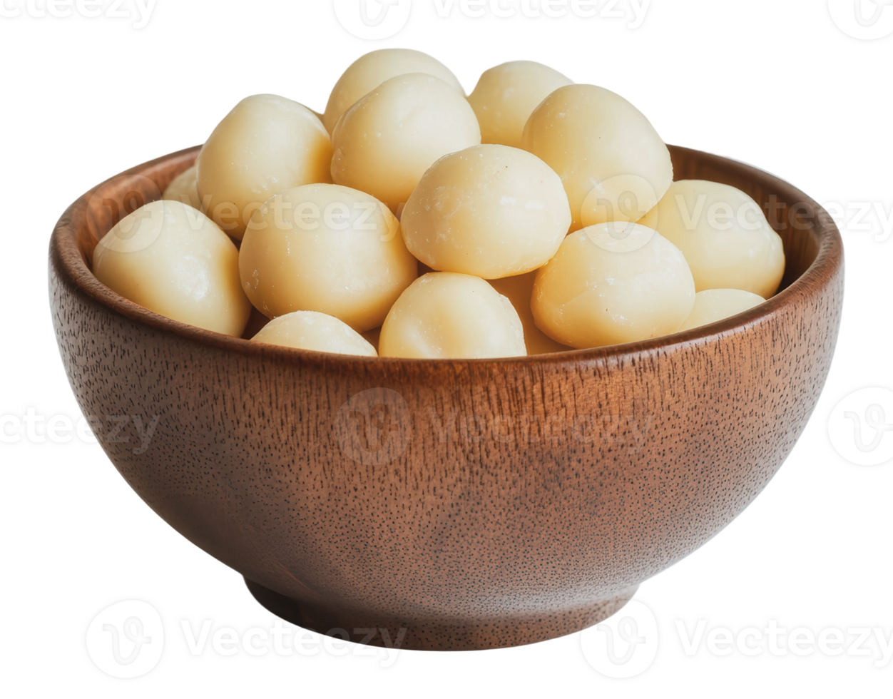 Creamy cheese balls in a wooden bowl png