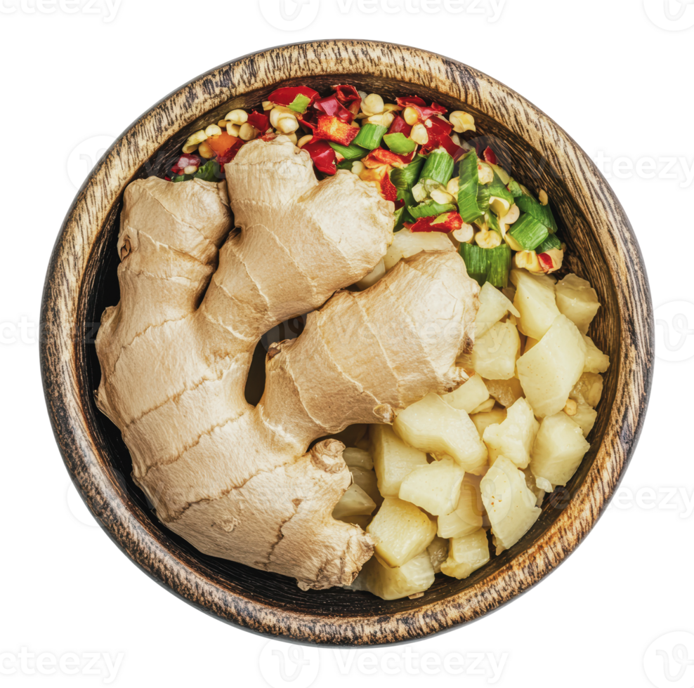 Fresh ginger and diced vegetables in a bowl png