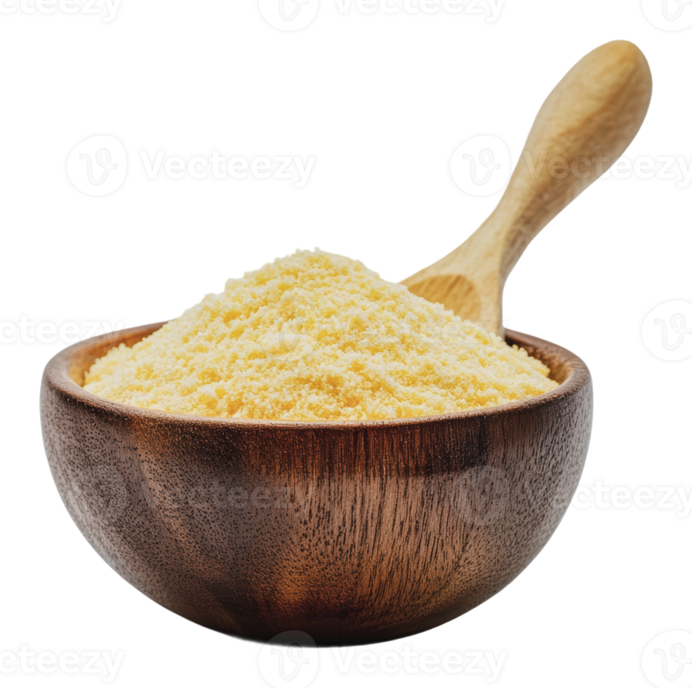 Flavorful coarse cornmeal in a wooden bowl png