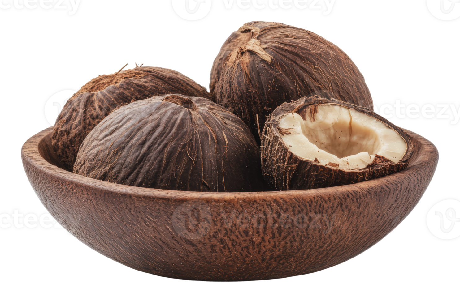 Natural nuts arranged in a wooden bowl png