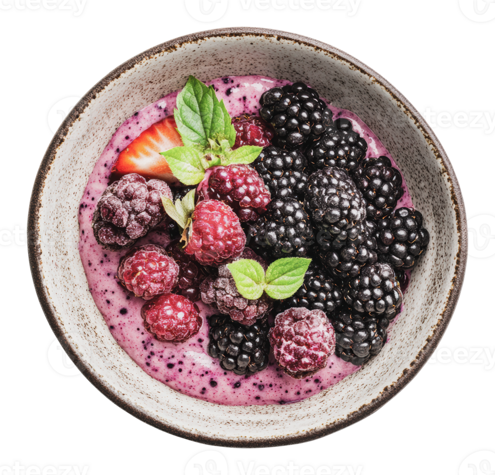 Berry smoothie bowl with fresh fruit toppings png
