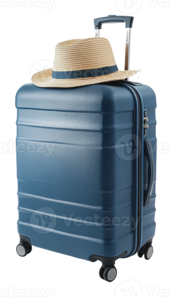 Stylish suitcase with a straw hat for travel png