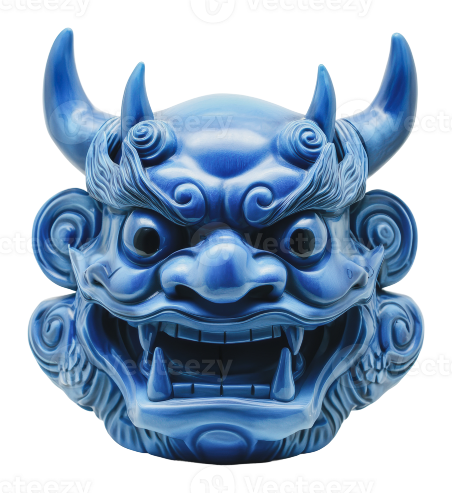 Intricate blue mythical mask with fierce features png
