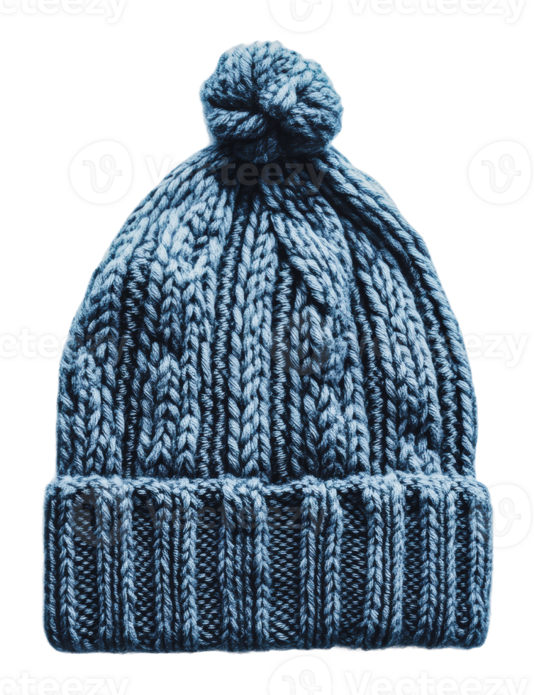Blue knitted beanie with pom pom design for winter png