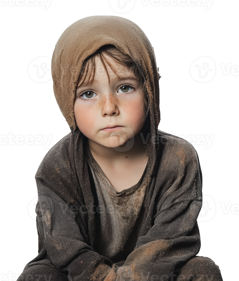 Child in dusty clothes, deep in thought png