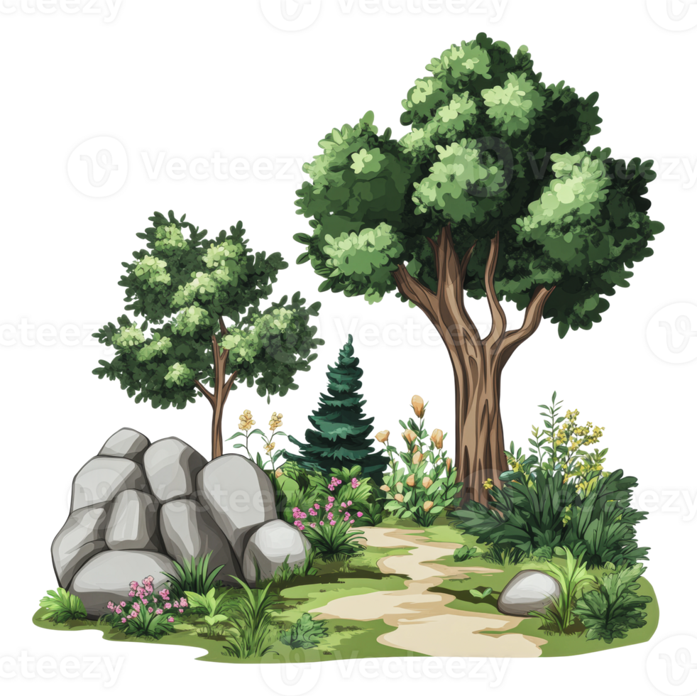 Green landscape with trees and stones in nature png