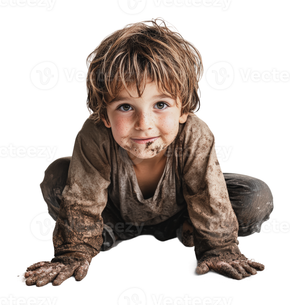 Child playing in mud with a joyful expression png