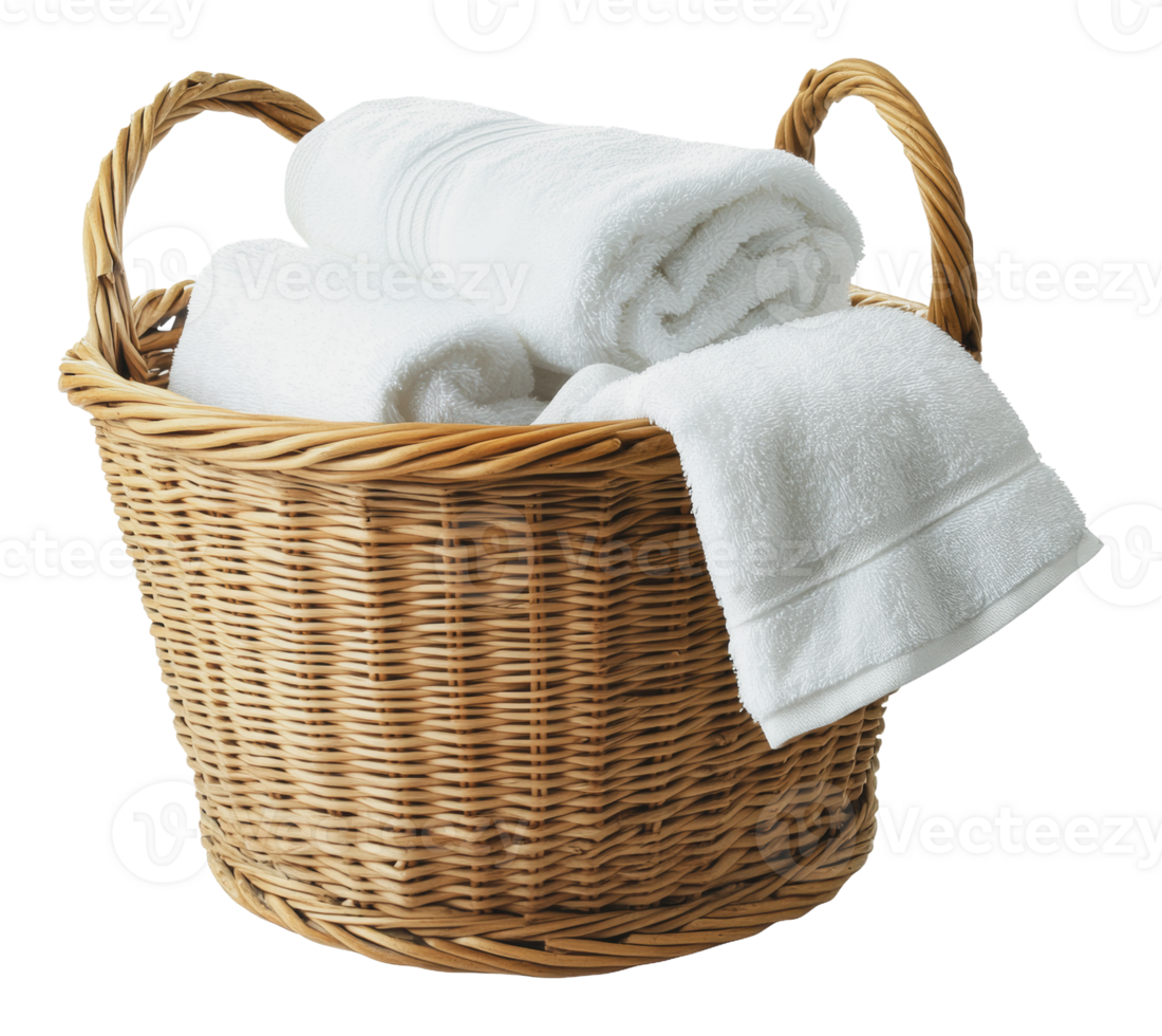 Soft white towels in a woven basket for storage png