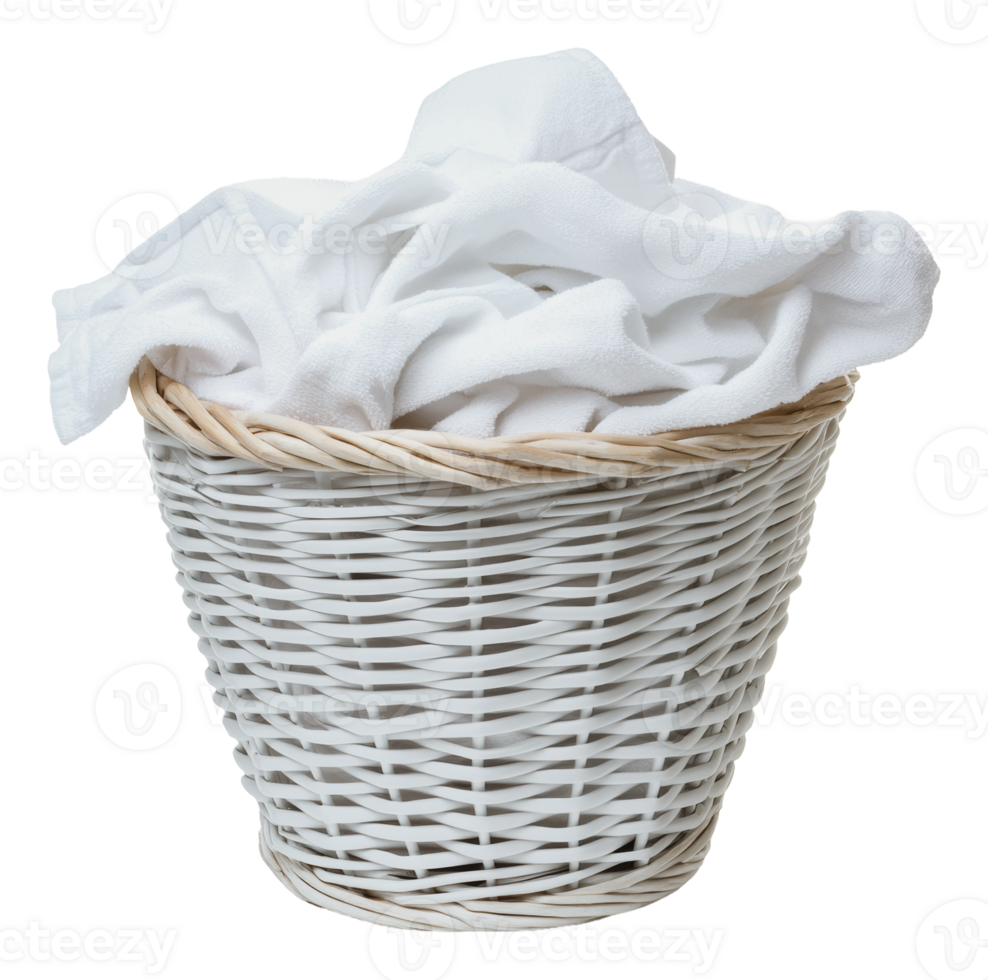 White laundry basket filled with clean linens png