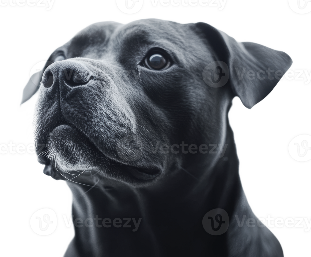 A black dog gazes upward with a serene demeanor png