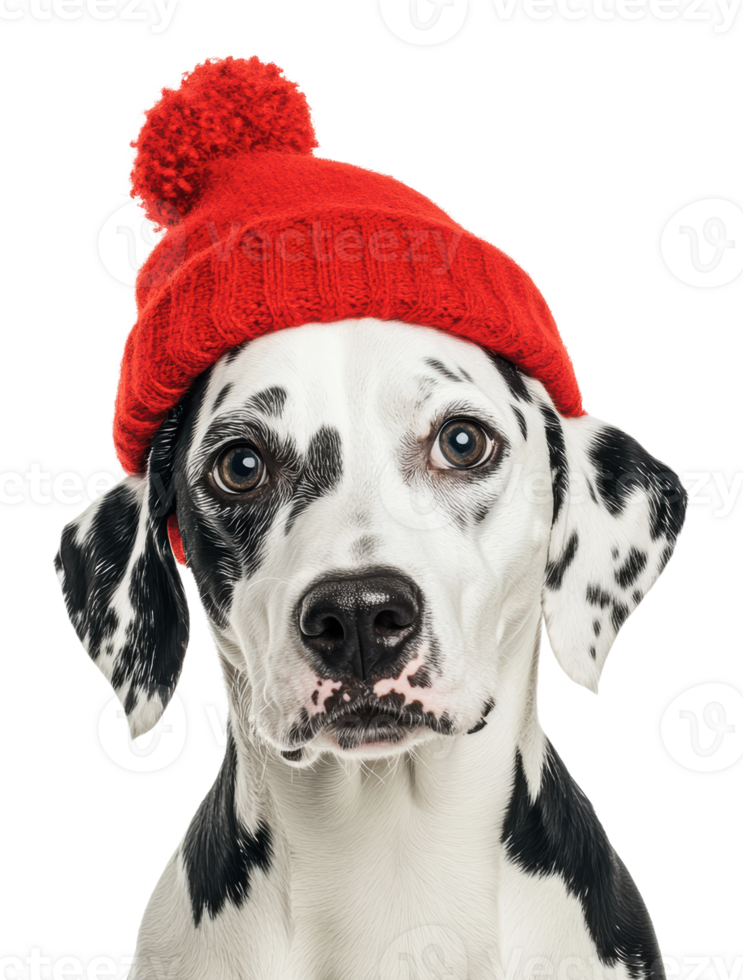 Dalmatian dog wearing a red knitted hat indoors png