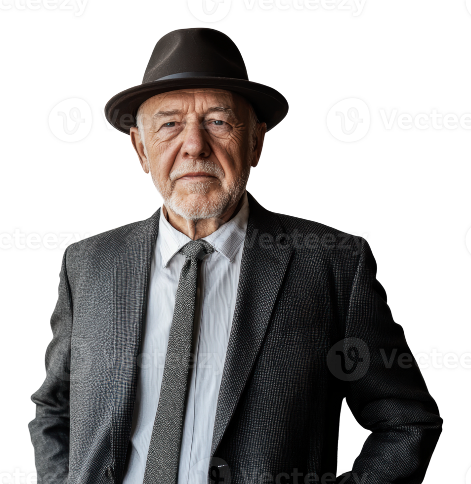 Confident older man in suit and hat png