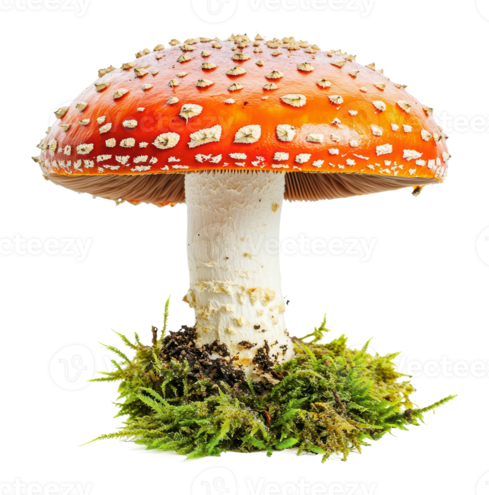 Red mushroom with white spots on moss png