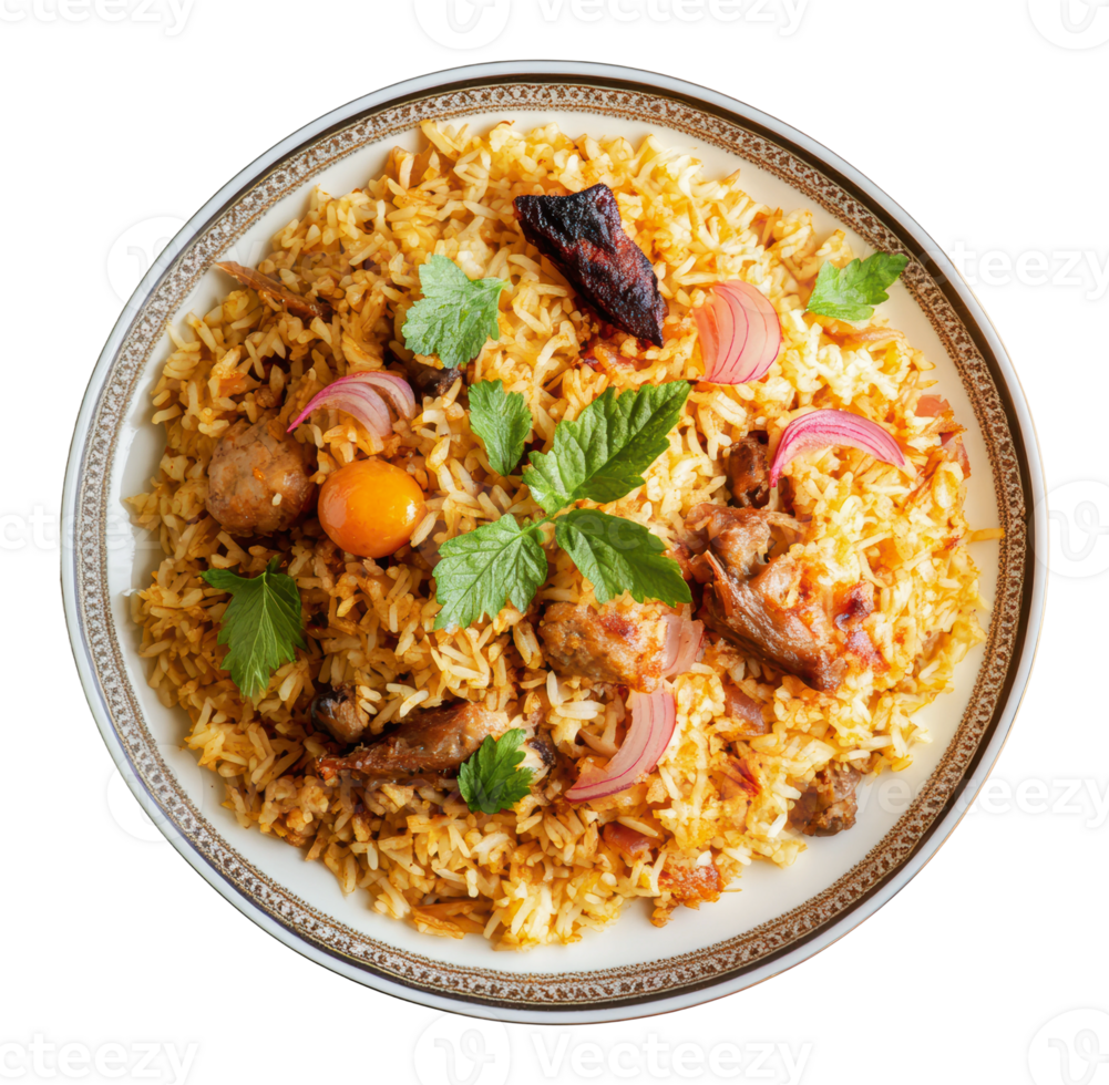 Delicious plate of flavorful rice and meat dish png