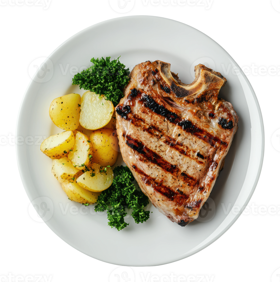 Grilled pork chop served with potatoes and greens png