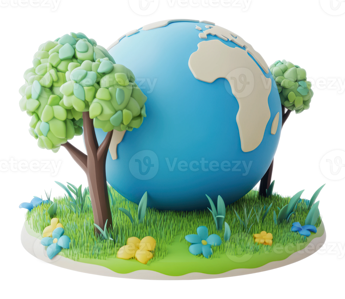 Colorful globe surrounded by trees and flowers png