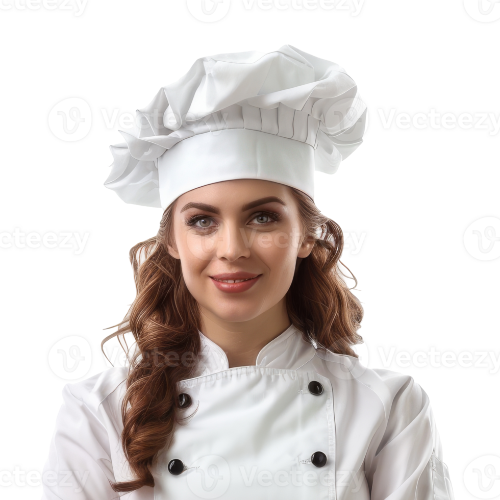 Portrait of Confident Female Chef in Culinary Uniform. Woman Chef with Hat and Apron in Kitchen png