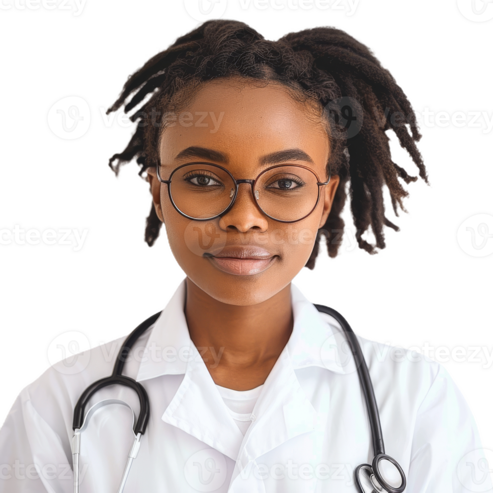 Young Female Doctor With Glasses and Stethoscope Smiling in a Clinical Setting png