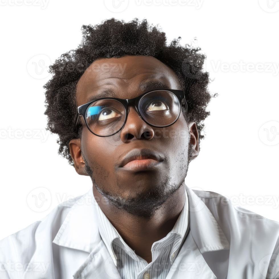 Young Scientist in Laboratory Coat Looks up Thoughtfully on Isolated Background png