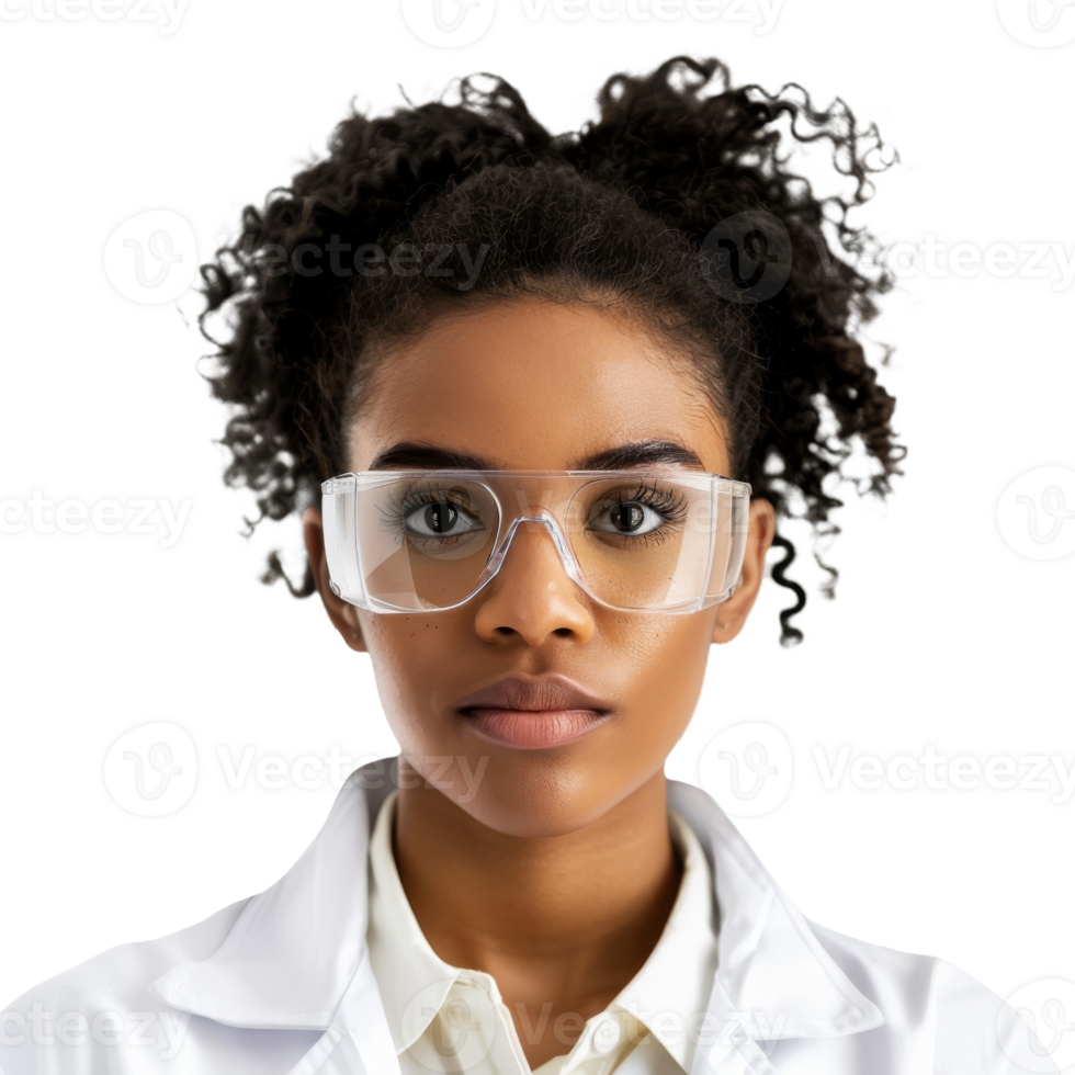 Scientist in Safety Glasses Looking Directly at the Camera in a Laboratory Setting png