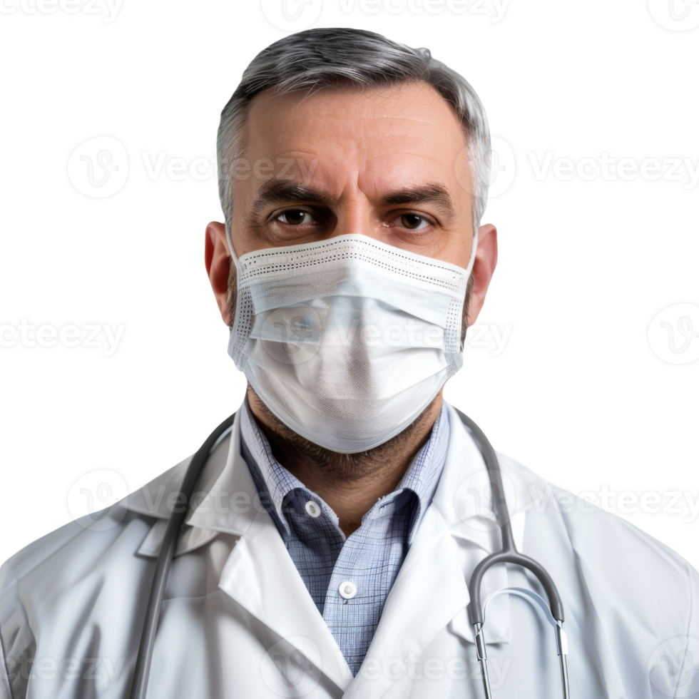 Doctor Wearing a Mask Poses in a Clinic With a Stethoscope Around His Neck png