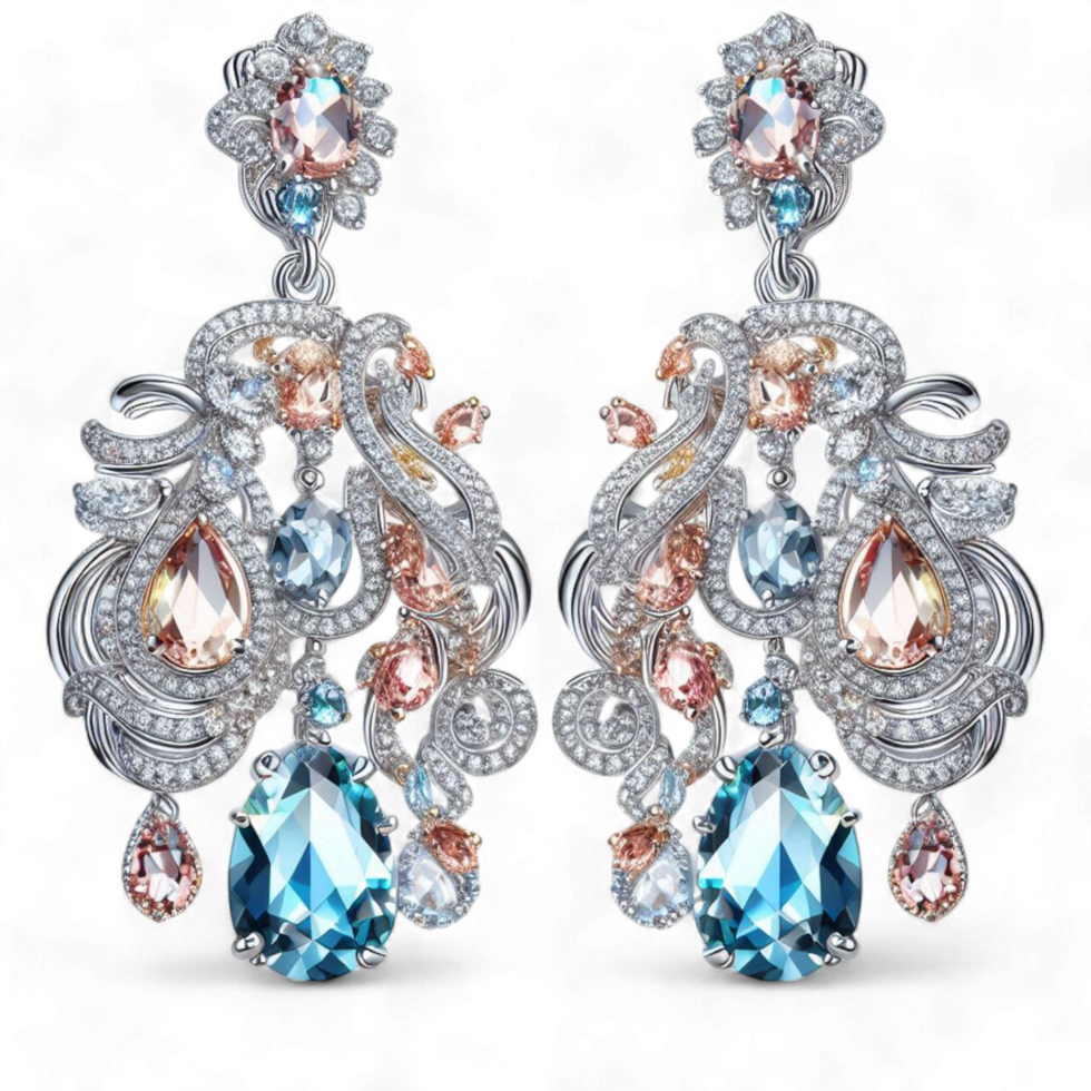 a pair of earrings with blue and pink stones png