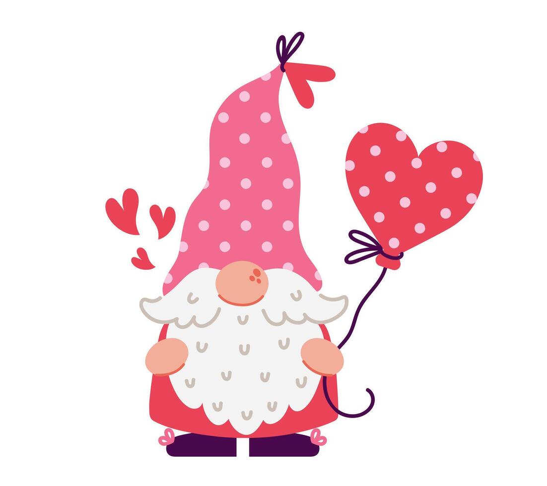 Cute holiday gnome with a heart shaped balloon. Funny elf with beard, in a red and pink suit and a polka dot hat. Happy Valentine's Day greeting, romantic surprise. Hand drawn clipart, cartoon doodle vector