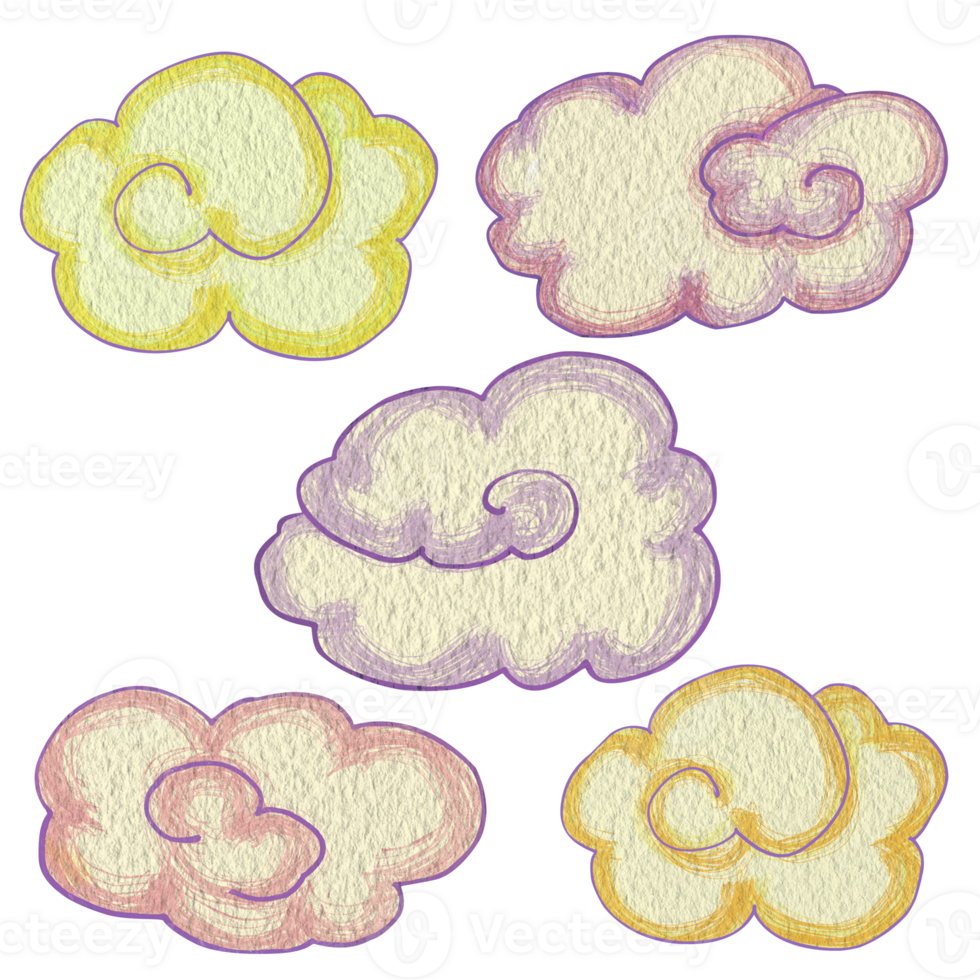 Set of five colorful cartoon clouds on white background. Clip art can be used for children's book illustrations, weather-themed designs, or as a decorative element for websites, blogs, or social media png