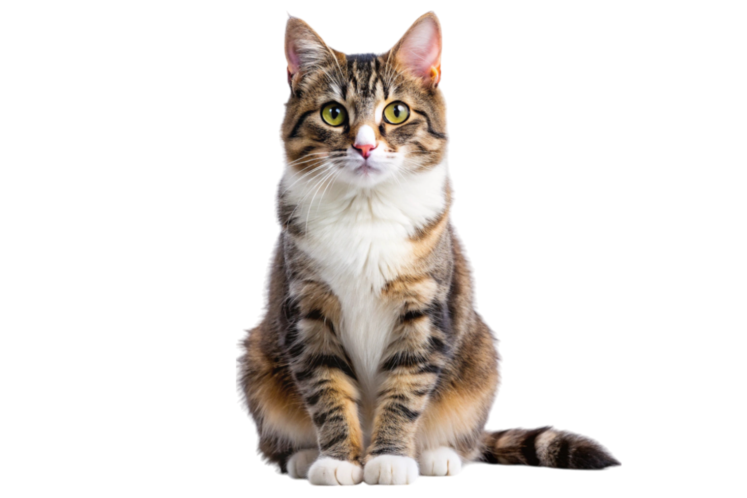 Cute tabby cat with green eyes sitting looking alert and focused png