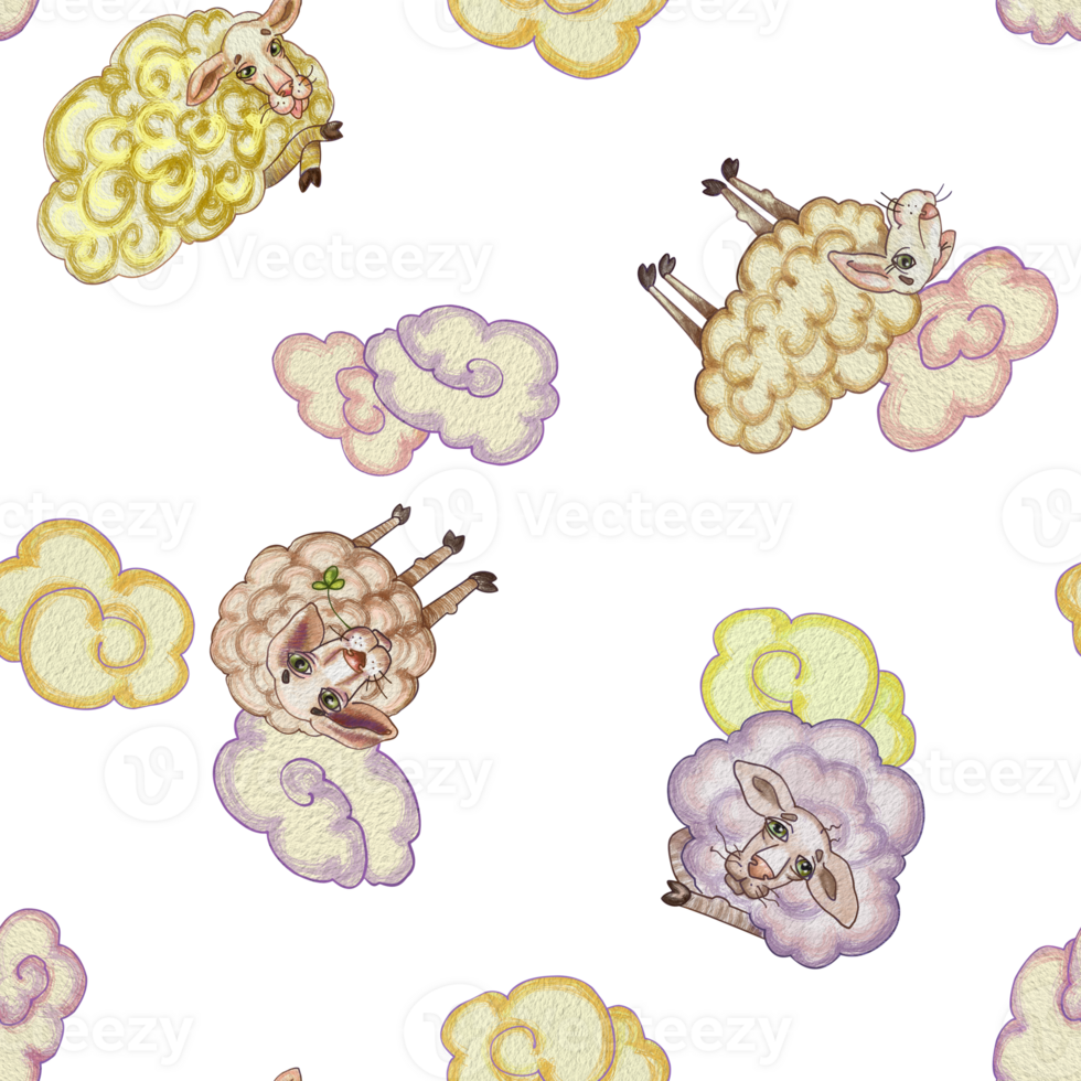 Pattern of funny cartoon sheep and clouds. Watercolor illustration for children's books, greeting cards, wrapping paper, fabric design, and other products targeting kids and families. png