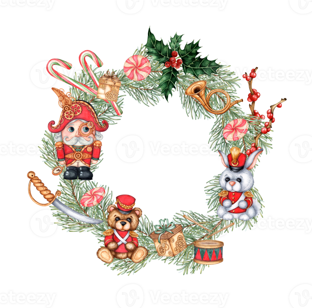 Spruce wreath Nutcracker in steampunk style with soldiers, bear and bunny, holly, red berries, bugle, drum, saber, caramel, gift watercolor illustration. Christmas decoration Isolated from background. png