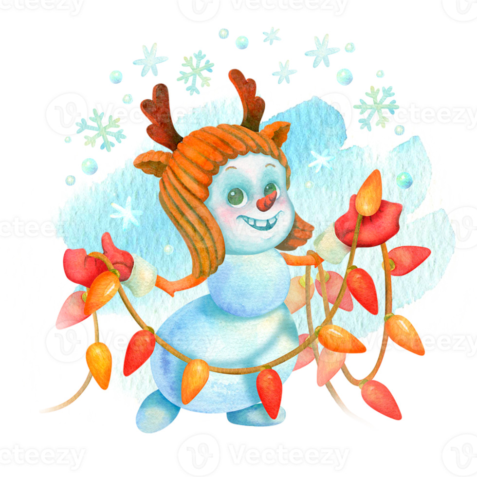 Isolated Christmas clipart with funny snowman in horned hat with garland in hands. Cartoon character on isolated watercolor spot background with snowflakes for winter card, poster, sticker design png