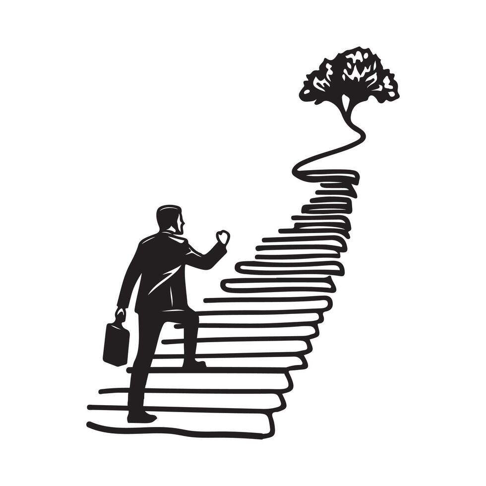 One continuous single drawing black line art doodle of a person ascending stairs labeled with success, motivational and symbolic vector
