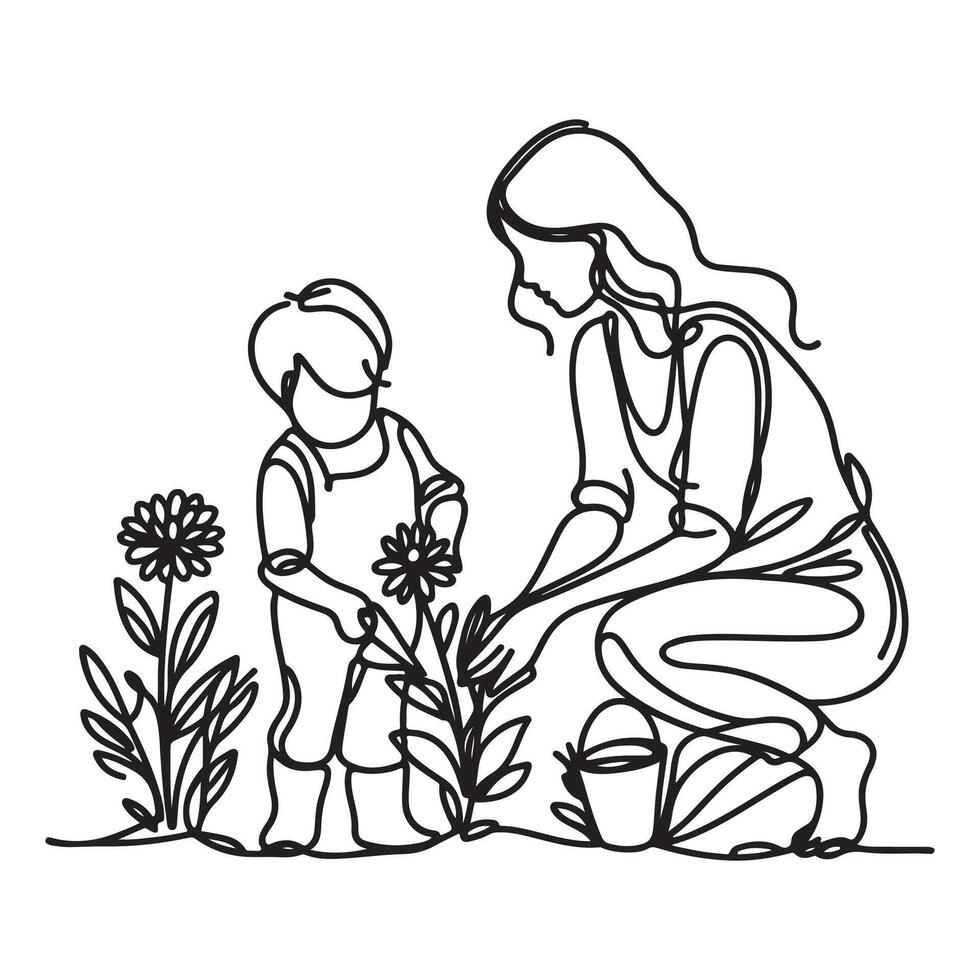 One continuous single drawing black line art doodle of a mother and child planting flowers together on holiday vector